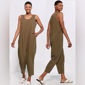 Eileen Fisher Organic Cotton Crepe Olive Slouchy Cropped Jumpsuit , size M